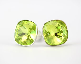 Citrus green crystal sterling stud earrings 10mm square, by art4ear