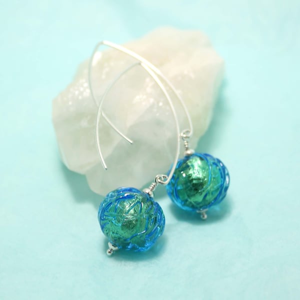 Murano Aqua gold foil glass "Glacier" bead 15mm on long open hoop sterling silver dangle earrings by art4ear, unique gift for her