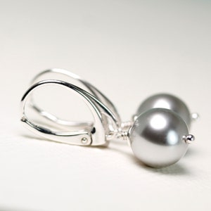 Light Gray crystal pearl 10mm dangle sterling silver lever back earrings by art4ear, free gift wrap, light grey faux pearl earings