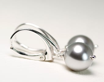 Light Gray crystal pearl 10mm dangle sterling silver lever back earrings by art4ear, free gift wrap, light grey faux pearl earings