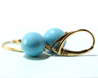 Turquoise crystal pearl 10mm lever back dangle earrings by art4ear, 24K gold plated sterling silver leverbacks
