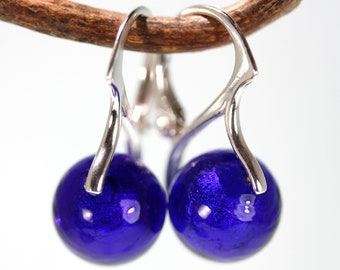 Murano Cobalt blue sterling silver European lever back earrings by art4ear, gift wrapped, 10mm size