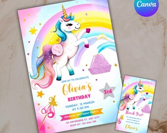 May include: A colourful invitation for a unicorn-themed birthday party. The invitation features a rainbow background with a white unicorn with a pink horn and a glittery tail. The text on the invitation reads "Join us to celebrate Olivia's 3rd Birthday, Sunday, 12 March at 9:00 PM, Magical Birthday Party, 123 Anywhere St, Any City, RSVP at: 123-456-789".