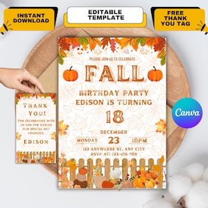 Fall Birthday Party Invitation, Editable Autumn Floral Birthday Invite, Pumpkin Birthday Invite, Printable Dinner Party, Instant Download
