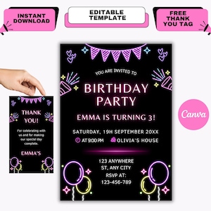 Neon Birthday Invite, Glow Party, Neon Lights Birthday, Neon Birthday Invitation, Neon Party Invite, Editable Canva Template
