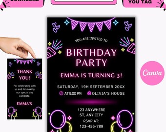 Neon Birthday Invitation, Glow Party Invite, Editable Canva Template