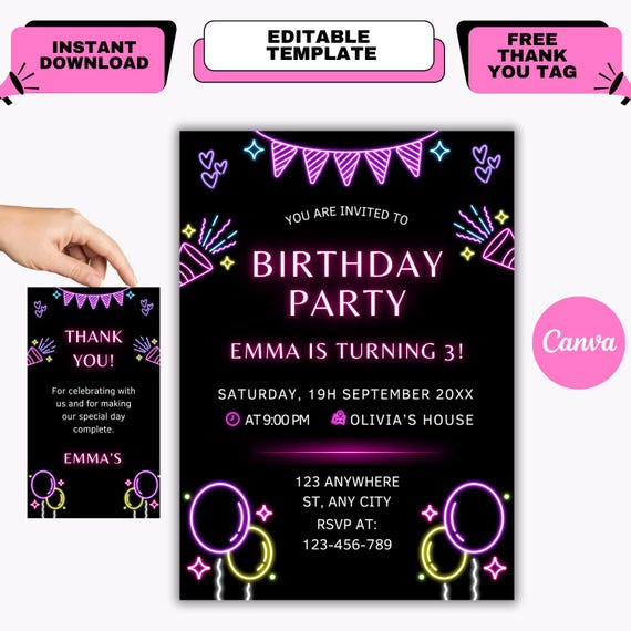 Neon Birthday Invitation, Glow Party Invite, Editable Canva Template