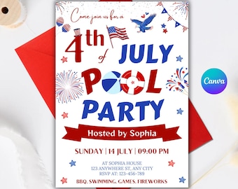 Editable 4th of July Pool Party Invitation, Patriotic Invite (Digital Download)