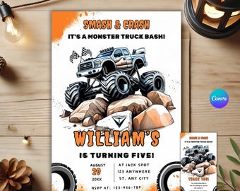 Monster Truck Birthday Invitation Editable Template, Monster Jam Invite, Truck Party Invite, Boy Birthday Invitation Digital Download