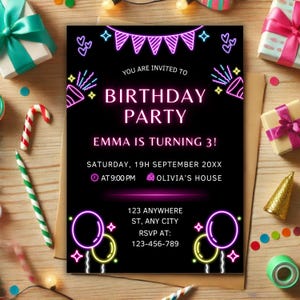 Planning a neon birthday party? This colorful neon invite is just what you need! Customize this electronic invite in minutes, then send via email or text. Ideal for a surprise birthday or a birthday celebration—let the neon fun begin!
