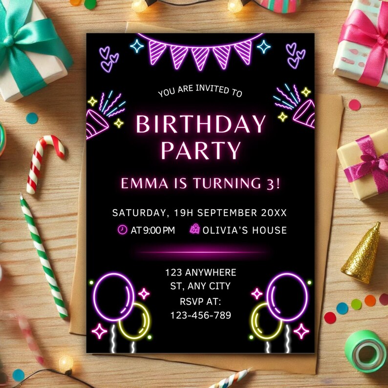 Planning a neon birthday party? This colorful neon invite is just what you need! Customize this electronic invite in minutes, then send via email or text. Ideal for a surprise birthday or a birthday celebration—let the neon fun begin!
