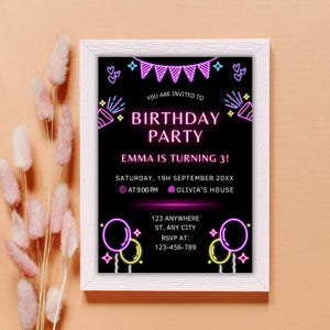 This neon party invite is the perfect way to kick off a birthday celebration! Customize it in Canva, print it, or send as an electronic invite. Whether it’s for a birthday girl or birthday for boys, this digital invite will shine bright!