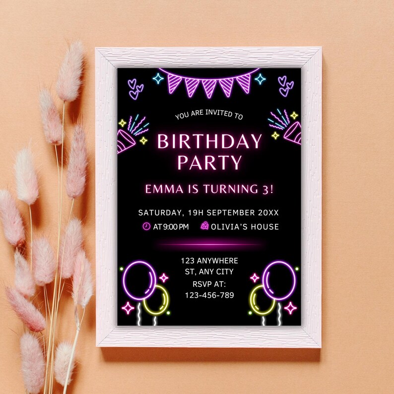This neon party invite is the perfect way to kick off a birthday celebration! Customize it in Canva, print it, or send as an electronic invite. Whether it’s for a birthday girl or birthday for boys, this digital invite will shine bright!