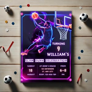 Basketball Birthday Invitation, Basketball Invite, Glow Basketball Party Invite, Basketball Party, Sports Invitation, Instant Download