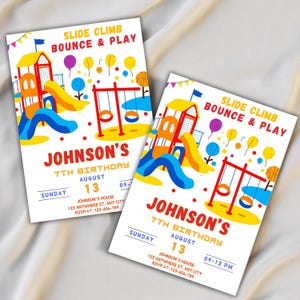 Faire-part d&#39;anniversaire pour aire de jeux, aire de jeux intérieure rebondissante, modèle d&#39;invitation à une fête dans la jungle, jeu d&#39;escalade doux, modèle modifiable