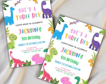 Pastel Dinosaur Birthday Invitation Template, Three Rex Party (Digital Download)