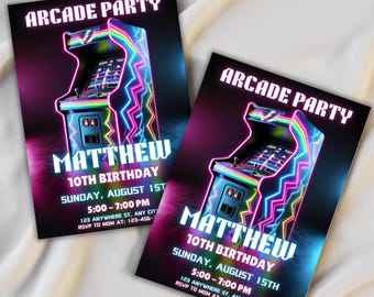 Invitación de cumpleaños de neón arcade, invitación editable para fiesta de videojuegos (descarga digital)