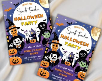 Sjabloon voor een Halloweenfeestuitnodiging, griezelige pompoenuitnodiging, Halloween-uitnodiging met een spookachtig thema, bewerkbare digitale downloaduitnodiging