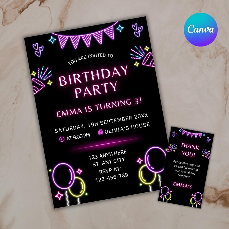 Get your guests excited with this glow party invite! This neon birthday invitation is editable, printable, and ready to go. Whether for a birthday girl or a birthday for boys, this digital invite makes party planning easy and fun!