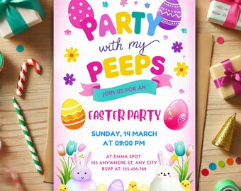 Easter Invitation, Easter Party Invitation, Easter Bunny Invite, Editable Easter Invite, Party with my peeps, Editable Canva Template