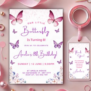 Butterfly Birthday Invitation, Pink & Purple Butterfly Birthday Invite, Girl Butterfly Party, Floral Butterfly, Editable Canva Template