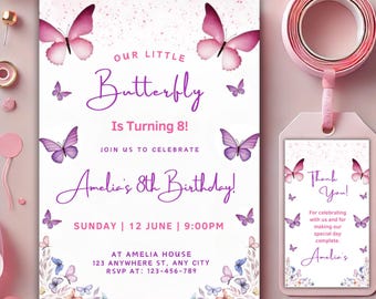 Invitación de cumpleaños con mariposas, diseño floral rosa y morado, plantilla editable de Canva (descarga digital)
