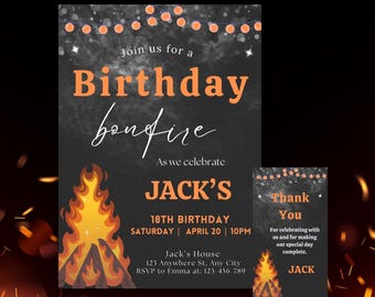 Bonfire Birthday Invitation – Fall Party Invite, Editable Template (Digital Download)
