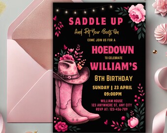 Pink Cowgirl Birthday Invitation, Western Cow girl Hoedown Party Invite, Saddle Up And Put Your Boots On, Canva Editable Template
