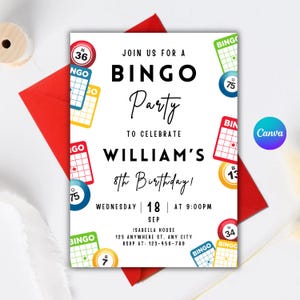 Invitación de cumpleaños de bingo, invitación para una noche de juegos en familia, invitación para una noche de bingo, fiesta temática de bingo, invitación para un juego, descarga instantánea