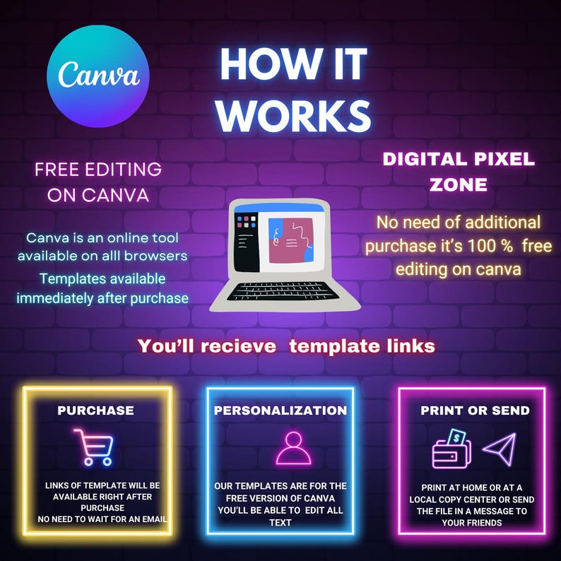 Light up the party with this Neon Birthday Invite! Perfect for a glow party, this editable Canva template is a fun and easy way to invite guests. Whether it's for a birthday girl or birthday for boys, this digital invite is a stylish way to celebrate