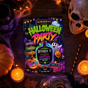 May include: A rectangular Halloween party invitation card featuring a glowing neon potion bottle, a ghost in a purple hat, a pumpkin wearing sunglasses, and text reading: YOU ARE INVITED TO A HALLOWEEN PARTY, SATURDAY OCTOBER 31, 07:00-12:00, SPOOKY HOUSE, 123 ANYWHERE ST ANY CITY, COME IF YOU DARE, RSVP 123-456-789.