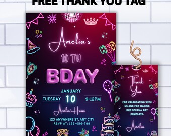 May include: Neon pink and blue thank you tag with the text "Thank You" and "For celebrating with us and for making our special day complete. Amelia" on a dark blue background with a pink and blue birthday cake and balloons.