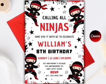 Editable Ninja Birthday Invitation, Martial Arts Theme (Canva Template)