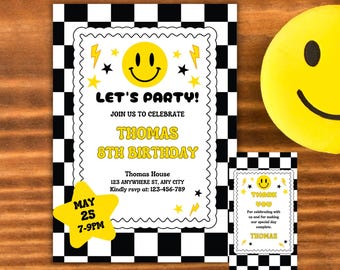 Smiley Face Birthday Invitation Template | Retro Groovy Editable Canva Invite | Editable Retro Evite (5x7 Inches) | Instant download