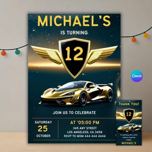 Make your child’s race car birthday extra special with this editable invitation! This boys car invitation is designed for kids who love sports cars and high-speed fun. Instantly download and customize your car invitation with ease. Whether it’s for a Lamborghini birthday, racing cars party, or a sport car party, this supercar invite will impress. A free thank you tag is included. Perfect for a boys' birthday or teen evite, this race car invitation is an easy and fun way to invite guests!