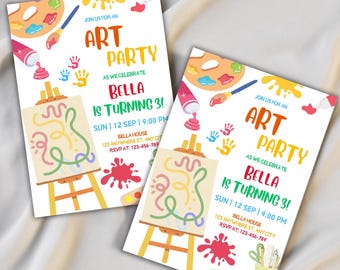 Invitación a fiesta de cumpleaños de arte, temática de pintura infantil (plantilla editable)