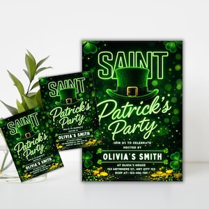 Può includere: Inviti verdi per la festa di San Patrizio con un cappello da folletto, trifogli e monete d'oro. Gli inviti includono il testo "Saint Patrick's Party" e i dettagli dell'host.