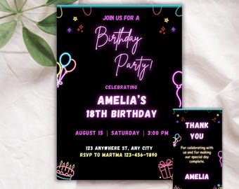 Neon Birthday Invitation, Glow Party, Editable Canva Template (Digital)