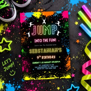 May include: A black birthday invitation card featuring neon-coloured paint splatters, silhouettes of jumping figures, and the text JUMP INTO THE FUN! Join Us To Celebrate SEBSTANIAN'S 9TH BIRTHDAY SUNDAY | 18 AUGUST 09:00PM AT JUMPING CLUB 123 ANYWHERE ST, ANY CITY RSVP AT: 123-456-789.