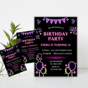 Make your birthday celebration stand out with this Neon Birthday Invite! Easy to edit in Canva, this glow party invite is great for a surprise birthday. Download instantly, print, or send as an electronic invite for a hassle-free experience!