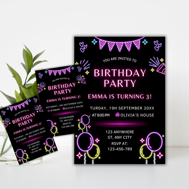 Make your birthday celebration stand out with this Neon Birthday Invite! Easy to edit in Canva, this glow party invite is great for a surprise birthday. Download instantly, print, or send as an electronic invite for a hassle-free experience!