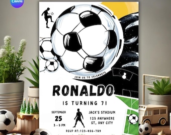 Editable Soccer Birthday Party Invitation, Canva Template (Digital Download)