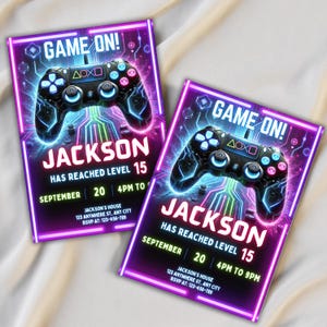 Video Game Party Invitation, Level Up Birthday Invite, Video Game Birthday Invite, Glow Game Party Printable Canva Template