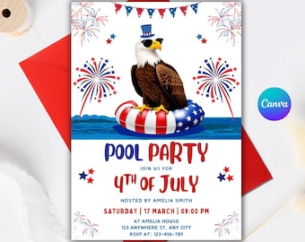 Editable 4th of July Pool Party Invitation, Patriotic Invite (Digital)