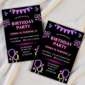 Make your neon birthday party unforgettable with this colorful neon invite! This glow party invite is fully editable and perfect for a surprise birthday. Send as an electronic invite or print it out for a bold, vibrant look. Let’s party in neon style