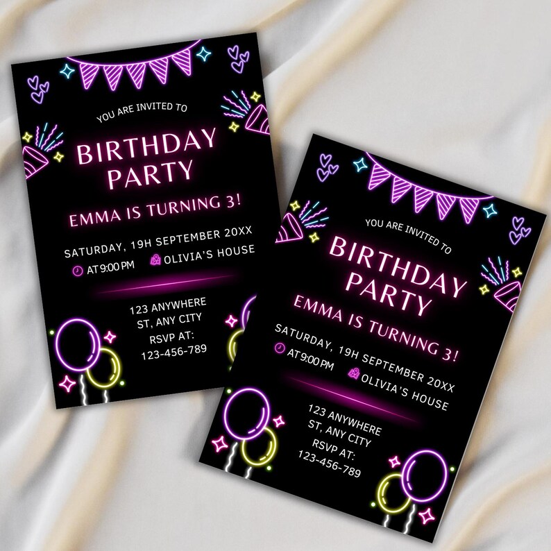 Make your neon birthday party unforgettable with this colorful neon invite! This glow party invite is fully editable and perfect for a surprise birthday. Send as an electronic invite or print it out for a bold, vibrant look. Let’s party in neon style