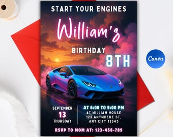 Editable Race Car Birthday Invitation, Canva Template (Instant Download)