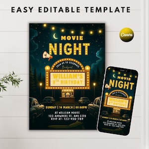 Editable Backyard Movie Night Birthday Birthday Invitation, Movie Night Birthday Party, Cinema Birthday Invite, Instant Download