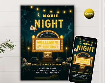 May include: A digital movie night invitation template with a retro marquee design. The invitation features the words "Movie Night" in illuminated letters, a moon, and classic cars. The invitation is for William's 8th birthday.