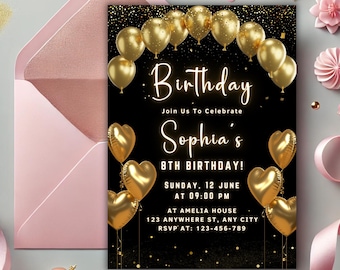 Black and Gold Birthday Invitation with Balloons (Digital Download)